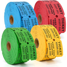 4000 paires de billets de tombola doubles - 4 couleurs assorties (bleu, jaune, rouge, vert), 1000 billets par rouleau pour événements, collectes de