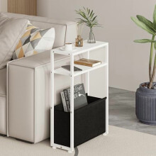Slim Side Table with Oxford Fabric Basket, White