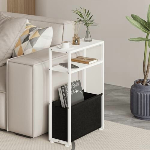 Slim Side Table with Oxford Fabric Basket, White