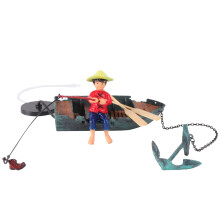 Decoración de resina para acuario con bomba de aire y escena de pescadores.