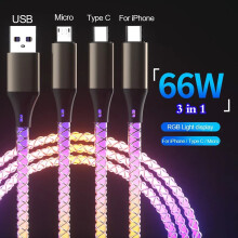 Cábla Muirir Thapa 3-in-1 66W RGB LED (6A) Comhoiriúnach le iPhone, Xiaomi, Samsung
