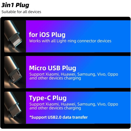 Cabo de carregamento rápido 3 em 1 com LED RGB de 66 W (6 A) compatível com iPhone, Xiaomi e Samsung. 2