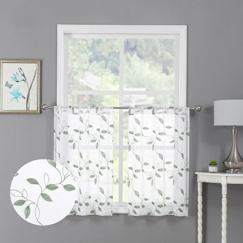 White leaf sheer curtains with embroidered leaves, 38 x 63