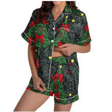 Naisten joulupukkikuvioinen pyjama-setti – lyhythihainen paita ja shortsit, pehmeä jouluasu, koko S-2XL, yhteensopiva jouluteeman kanssa