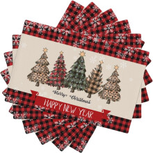 Christmas Placemats 6 Pcs,Retro Red Black Buffalo Plaid Christmas Tree Linen Placemats for Kitchen Table Dining Room Coffe Set of 6