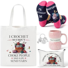 6Pcs Crochet Gift Set: Canvas Tote, Makeup Pouch, Pink Mug, Stockings, Keychain – Humorous “I Crochet So I Don't Choke People” Design –