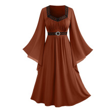 Vestido medieval feminino plus size, estilo renascentista, com espartilho, fantasia de Halloween, manga longa, decote quadrado, fechamento em renda