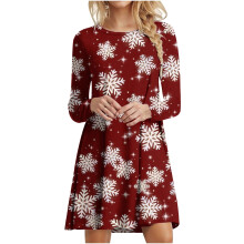 Robe de Noël pour femme, imprimé de Noël décontracté, manches longues, coupe ample et évasée, bleue
