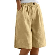 Short en lin pour femme, jambes larges, longueur genou, short long d'été décontracté, taille haute ample avec poches