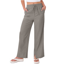 Sommerliche Leinenhose für Damen – Locker geschnittenes, gerades Bein, elastischer hoher Bund, Taschen und Seitenschlitze, bequeme Freizeithose
