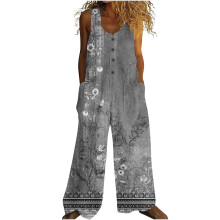 Damen-Jumpsuit mit Blumenmuster, Knöpfen und Taschen – Polyester, weit geschnitten