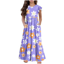 Mikilon Mädchen Freizeit-Maxikleid mit Blumenmuster, langen Ärmeln und Taschen, für 6-12 Jahre