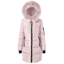 Lange, leichte Steppjacke für Damen, winddicht, warm, mit dicken Ärmeln und Kunstfellkapuze, Weinrot, XXL