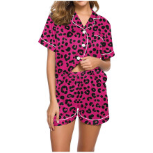 Dam Alla hjärtans dag leopardmönstrade pyjamasset kortärmade casual v-ringade 2-delade loungeset S-2XL