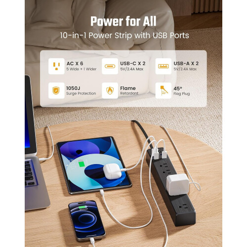 Πολύπριζο 6 πριζών με 4 USB, καλώδιο 4,5 ποδιών, προστασία από υπερτάσεις 900J, 1