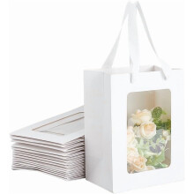 Lot de 15 petits sacs cadeaux blancs avec fenêtre, 20 x 15 x 10 cm, sacs rectangulaires en papier avec poignées, parfaits pour les fleurs, les