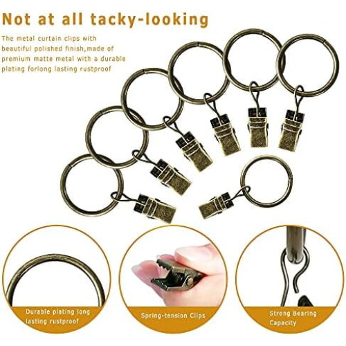44-pakning rustfrie matte bronse gardinringer med klips, 2,5 cm ID, rustfritt stål, kompatible med strammestenger 1