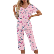 Dames casual losse nachtkleding set - Top met V-hals en print, korte mouwen + capri broek met elastische taille en zijzakken | S-2XL | Pyjama set