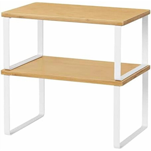 Kitchen Cabinet and Counter Shelf Organizer, Stackable & Expandable, White and Natural
