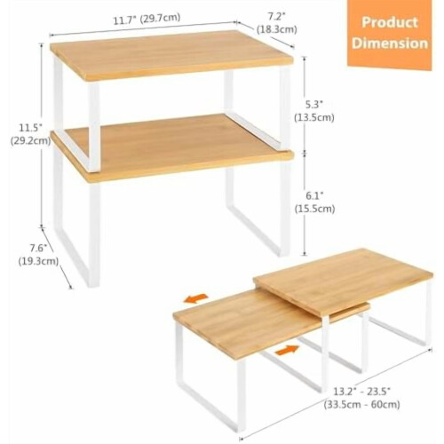 Kitchen Cabinet and Counter Shelf Organizer, Stackable & Expandable, White and Natural 1