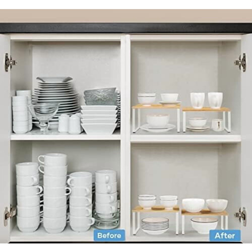Kitchen Cabinet and Counter Shelf Organizer, Stackable & Expandable, White and Natural 2
