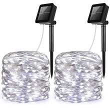 Solárne reťazové svetlá, 100 LED medený drôt, 9,6 m, vodeodolné, vnútorné/vonkajšie, biele svetlo – 2 ks