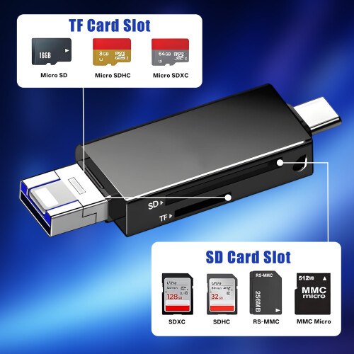Lettore di schede SD/MicroSD 3 in 1 USB 3.0 (USB-A/USB-C/Micro-USB), compatibile con smartphone, tablet e computer. 2