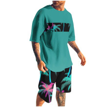 Conjunto de shorts masculino, 2 peças, gola redonda, estampa, esportivo, slim, cintura elástica, blusa de manga curta com gola redonda.
