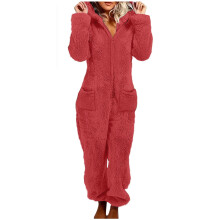 Damen-Fleece-Schlafanzug mit Kapuze und Füßen, warme Winter-Nachtwäsche, langärmeliger Overall mit Reißverschluss, Größen S–2XL, Rot –
