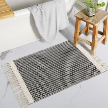 Boho Bathroom Rugs 2x3, Lightweight Woven Cotton Front Door Mat with Tassels, Farmhouse Washable Black & White Low-Pile Rug for Entry, Laundry,
