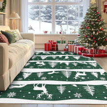 Green 6x9 Area Rug, Non-Slip Washable Indoor Carpet, Soft Low-Pile Christmas Rug with Xmas Tree/Reindeer/Snowflake – Compatible with Living Room,