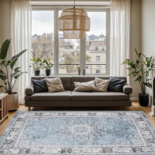 Washable 5'x7' Blue Vintage Area Rug for Living Room & Bedroom – Non-Slip, Low-Pile, Foldable Thin Mat