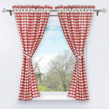 Set van 2 geperforeerde verduisteringsgordijnen met 2 geruite raamdecoraties voor de slaapkamer, rood, hoogte/breedte 120/80 cm
