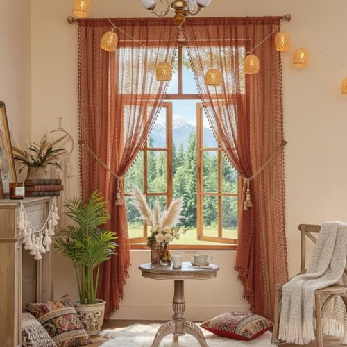Burnt Orange Sheer Curtains Boho Crochet Lace 2 Panels 1
