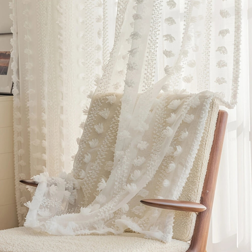 Pom Pom Sheer Curtains, Rod Pocket, 1 Panel, Light Filtering Pompom Voile Curtain For Bedroom Nursery, 52 Inch Wide, 63/84/95/108 Inch Long White