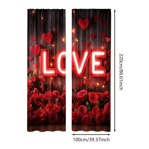Valentinsdagsgardiner med rødt rosetrykk i polyester, 2 paneler 2