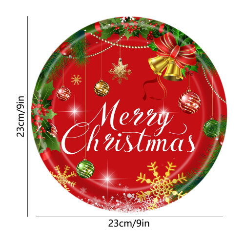 Red Christmas Paper Plates 20 Pack, Disposable Party Tableware with Tree Bell Pattern for Holiday Dinner Decor(B-20PC) 2