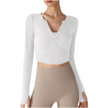 Top da donna bianco comodo a maniche lunghe, top da donna alla moda con scollo a V profondo e maniche lunghe in poliestere con stampa a tinta unita,