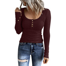 Camisetas Henley de manga larga para mujer, tops ajustados con botones y cuello redondo de punto acanalado.