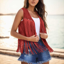 YOUSNH Damen Fransenweste Wildleder Offene Vorderseite Vintage Weste Ärmellos 70er Jahre Hippie Kleidung Boho Western Jacke Damenjacken Rot M