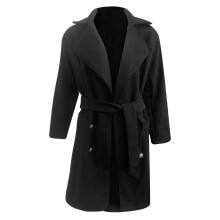 LoyisViDion Damesjas Herfst en Winter Revers Wollen Trenchcoat Lange Overjas Bovenkleding Zwart 12 (XXL)