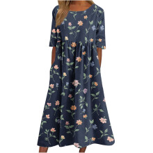 Damklänningar Blommigt tryck Kortärmad Rund hals Smockad midja Flerstegs volang Midiklänning med fickor Sommar Boho Vintage Tea Dress