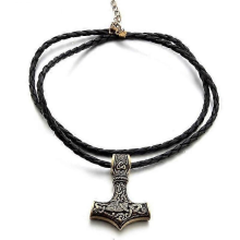 Retro Necklace, Thor's Hammer Mjolnir, Artificial Leather, Gold