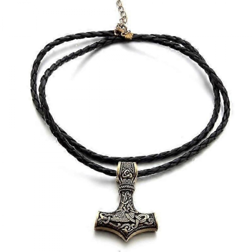 Retro Necklace, Thor's Hammer Mjolnir, Artificial Leather, Gold