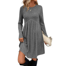 Damesjurk van geribbelde gebreide trui met lange mouwen, ronde hals, empire taille, zakken, nauwsluitende midi tuniek, winter/herfst loungejurk,