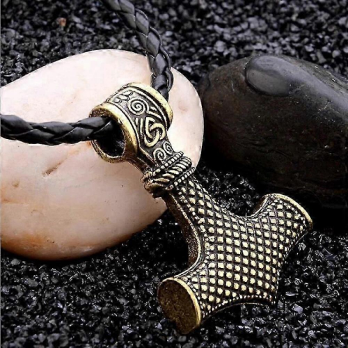 Retro Necklace, Thor's Hammer Mjolnir, Artificial Leather, Gold 2