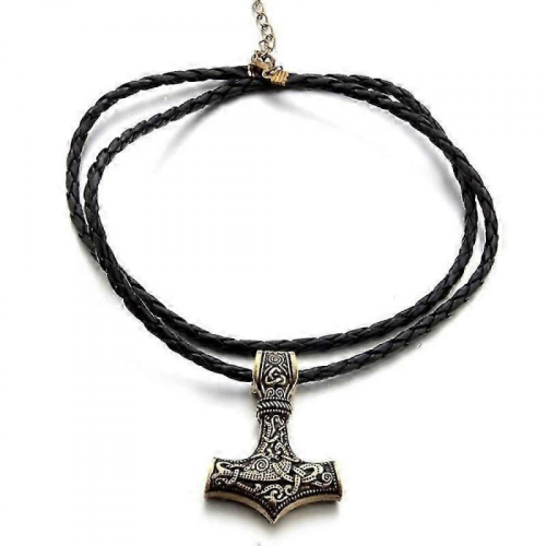 Retro Necklace, Thor's Hammer Mjolnir, Artificial Leather, Gold 1