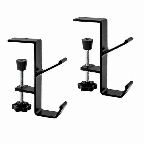 Black Clamp-On Desk Hook for Bag and Backpack Hanging, 2 Pack