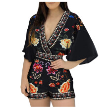 Kvinder Blomsterprintede Jumpsuit Vintage Jumpsuit Dyb V-hals Kortærmet Jumpsuit Korte Bukser