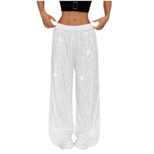 Paillettenhose für Damen, weites Bein, glitzernd, hochgeschnitten, locker geschnitten, ideal für Partys, Clubs und Tanzveranstaltungen, Weiß